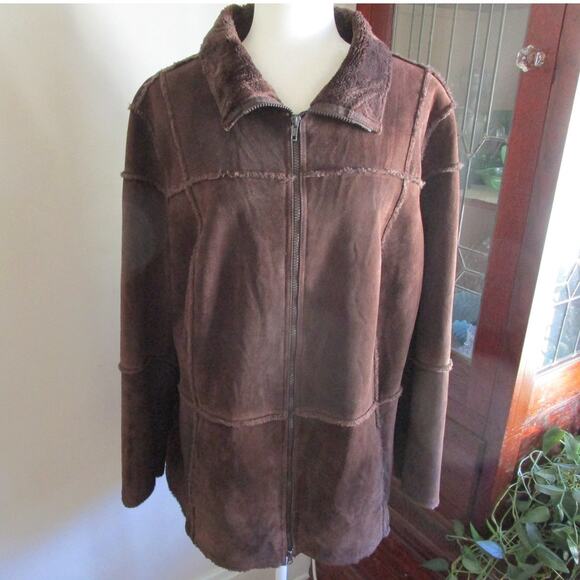 Westbound II Brown Suede Leather Coat Size 1X Faux Fur Lined Mid Length Neutral - Picture 1 of 17